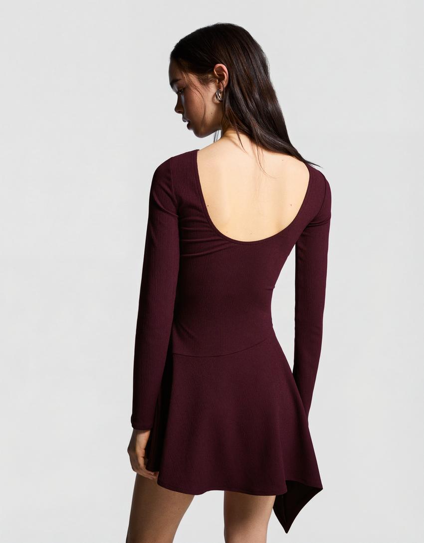 Vestido mini manga comprida com folho assimétrico-Bordeaux