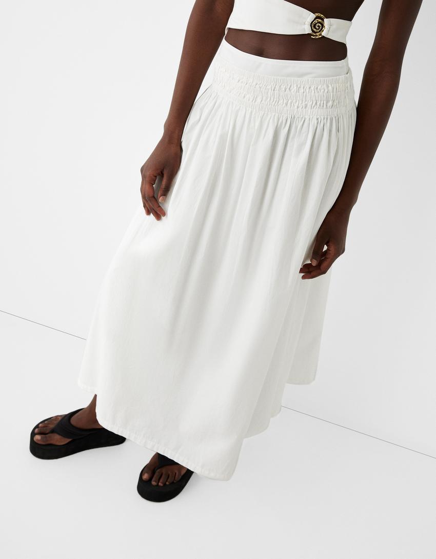 تنورة بوبلين متوسطة الطول بخصر مرن-كريمي-6