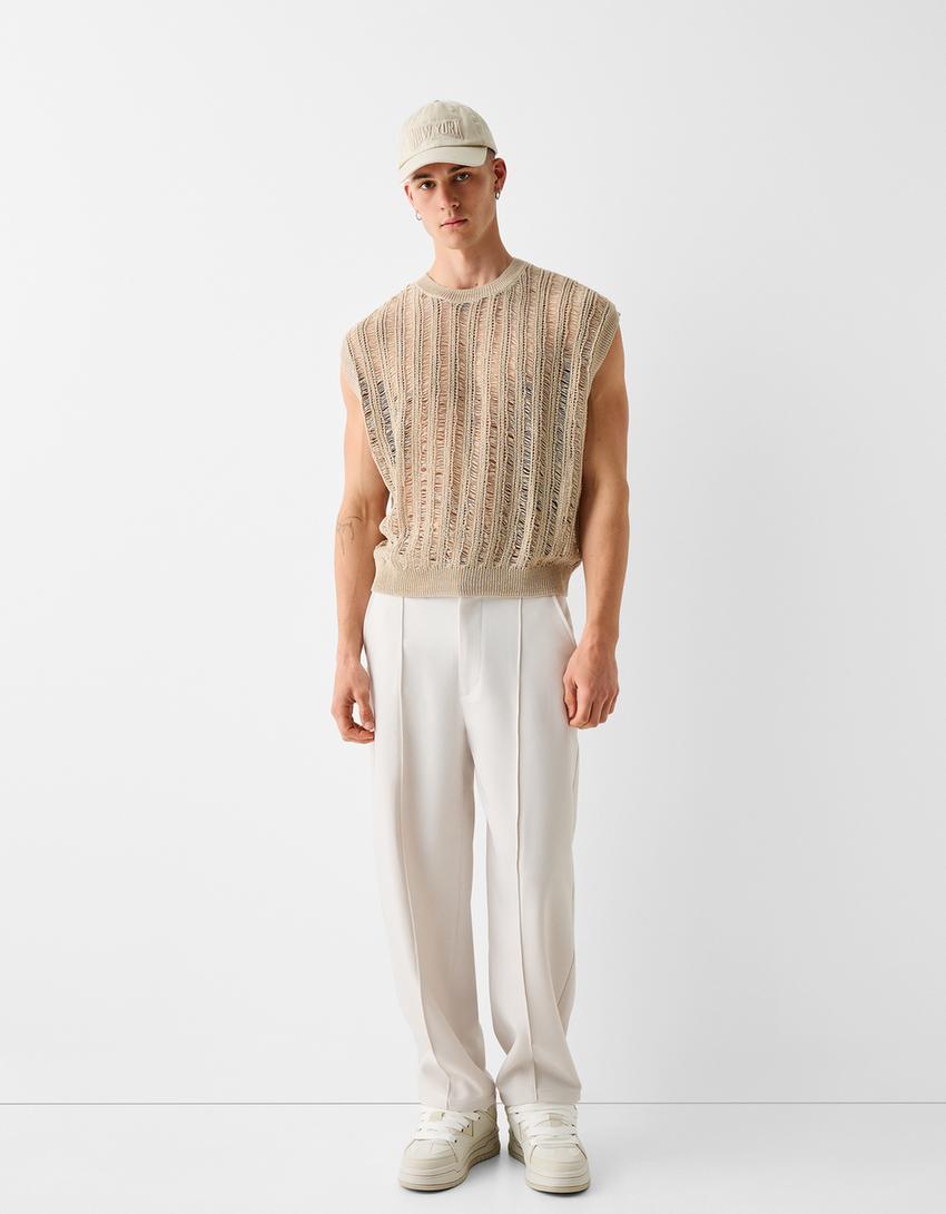 Gilet sans manches cropped mesh-Beige-3