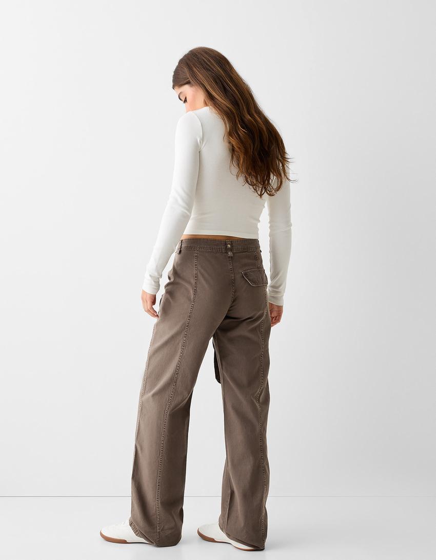 Pantalon cargo taille basse coton lanière-Sable-2
