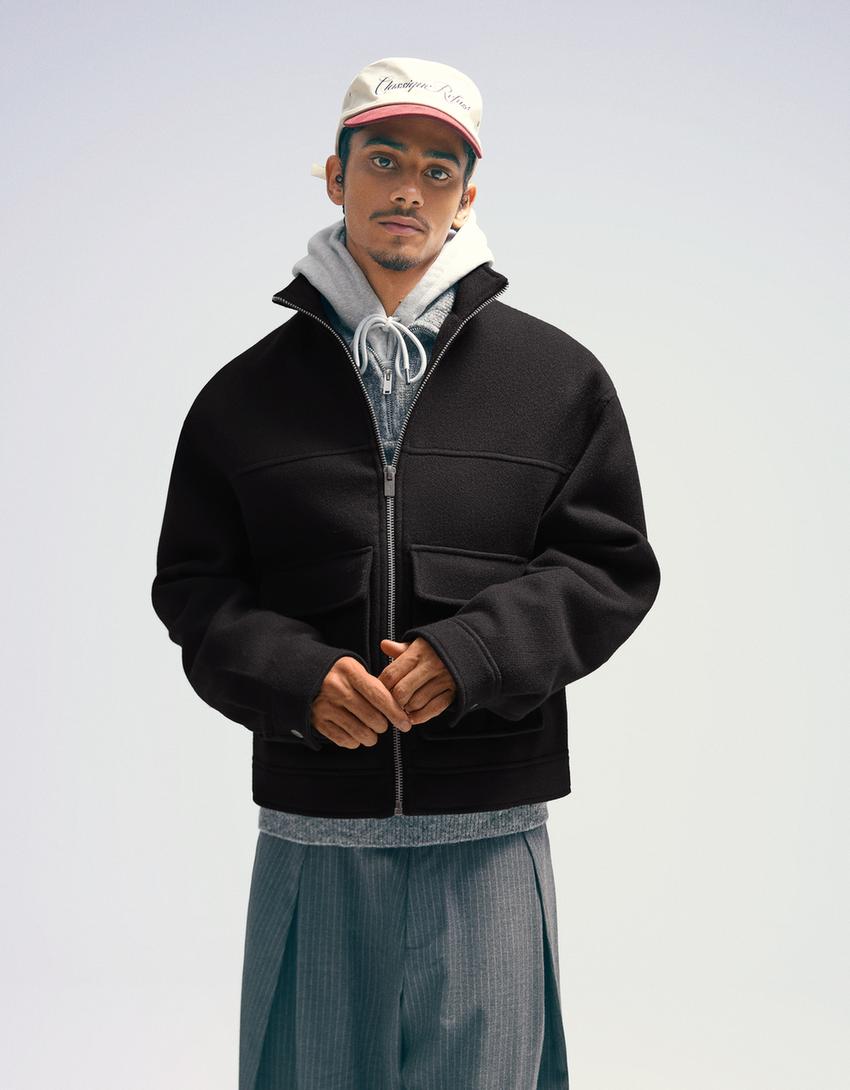Felt texture jacket with zip-Black