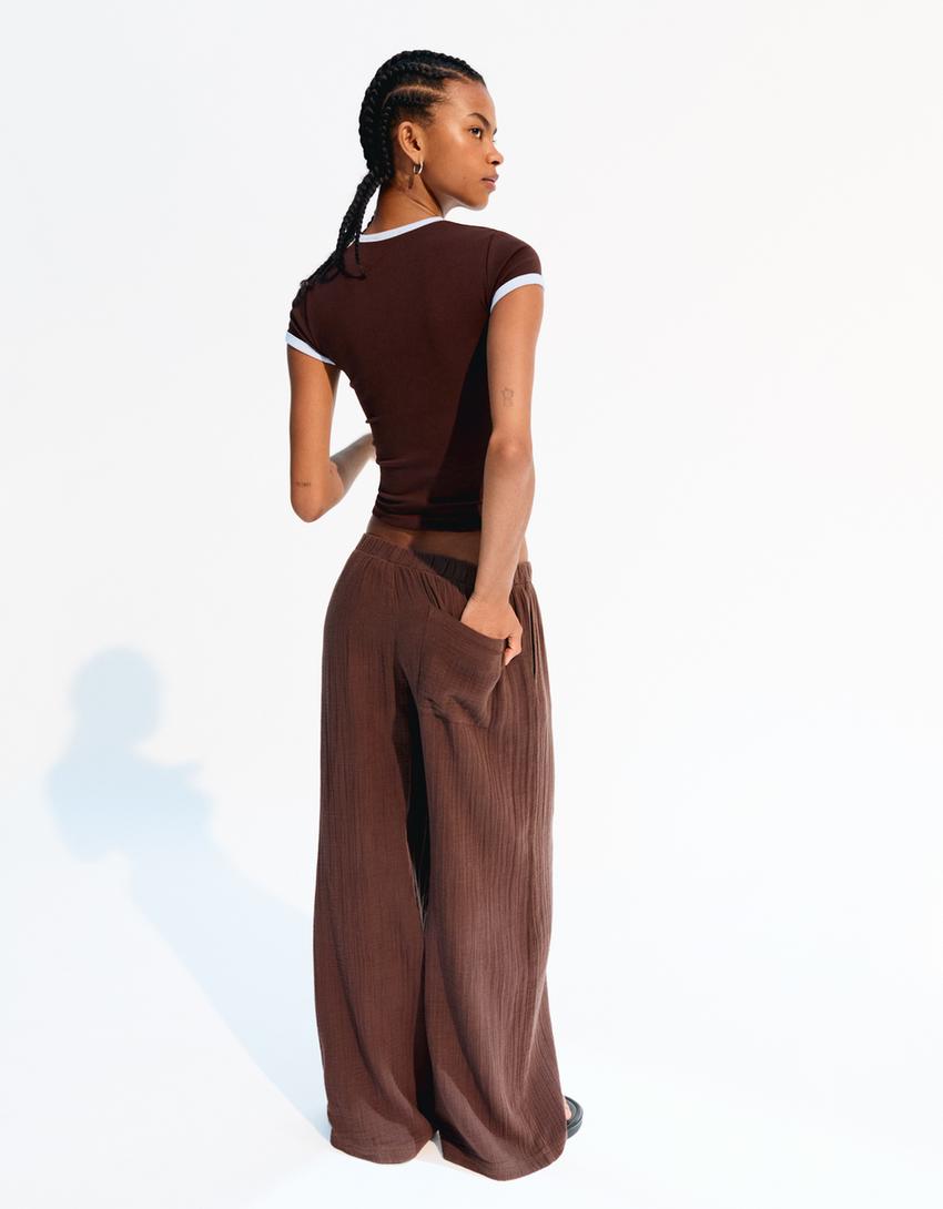 Wide-leg rustic trousers-Brown-1