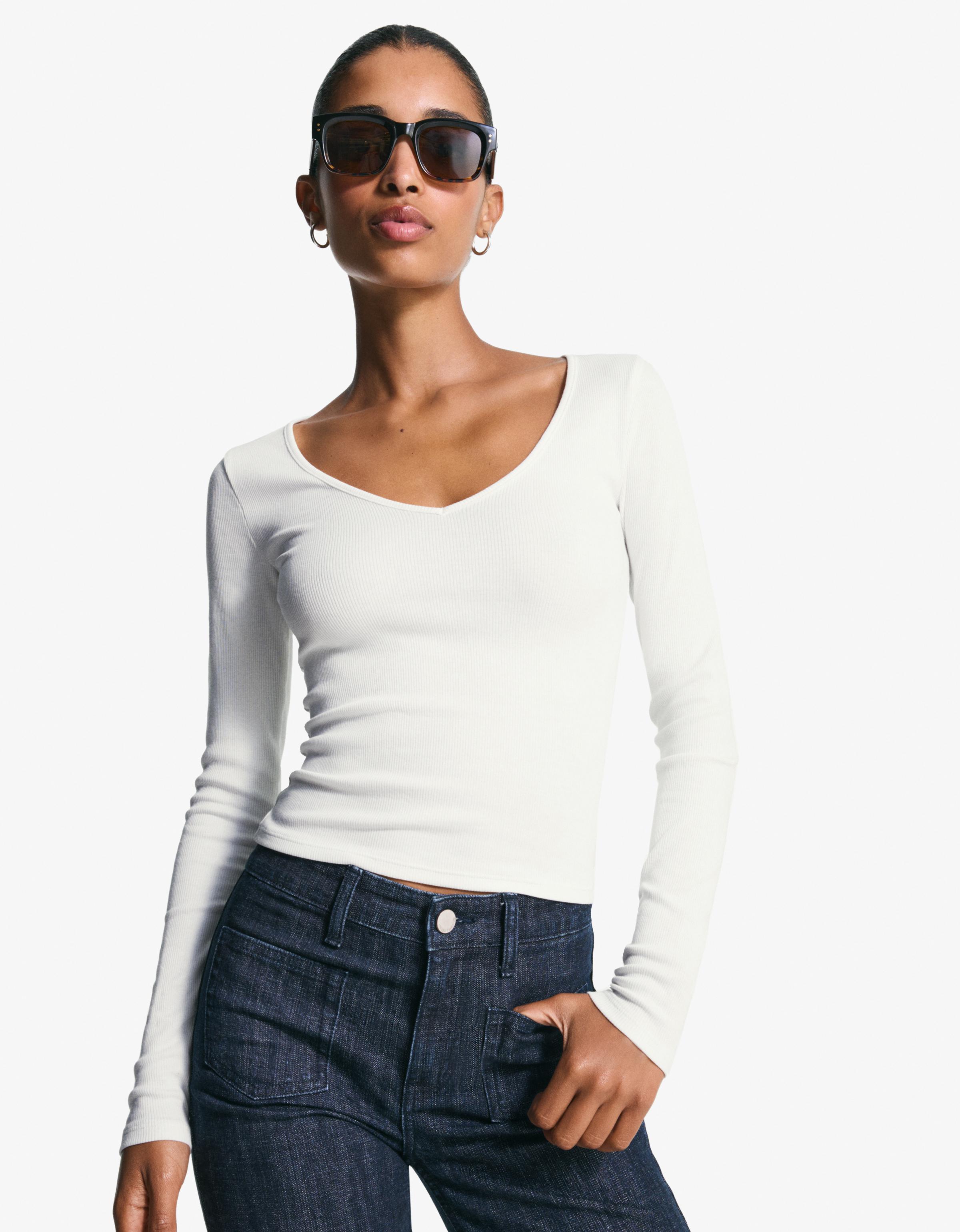 Bershka Langärmeliges Shirt Mit V-Ausschnitt Damen M Grbrochenes Weiss