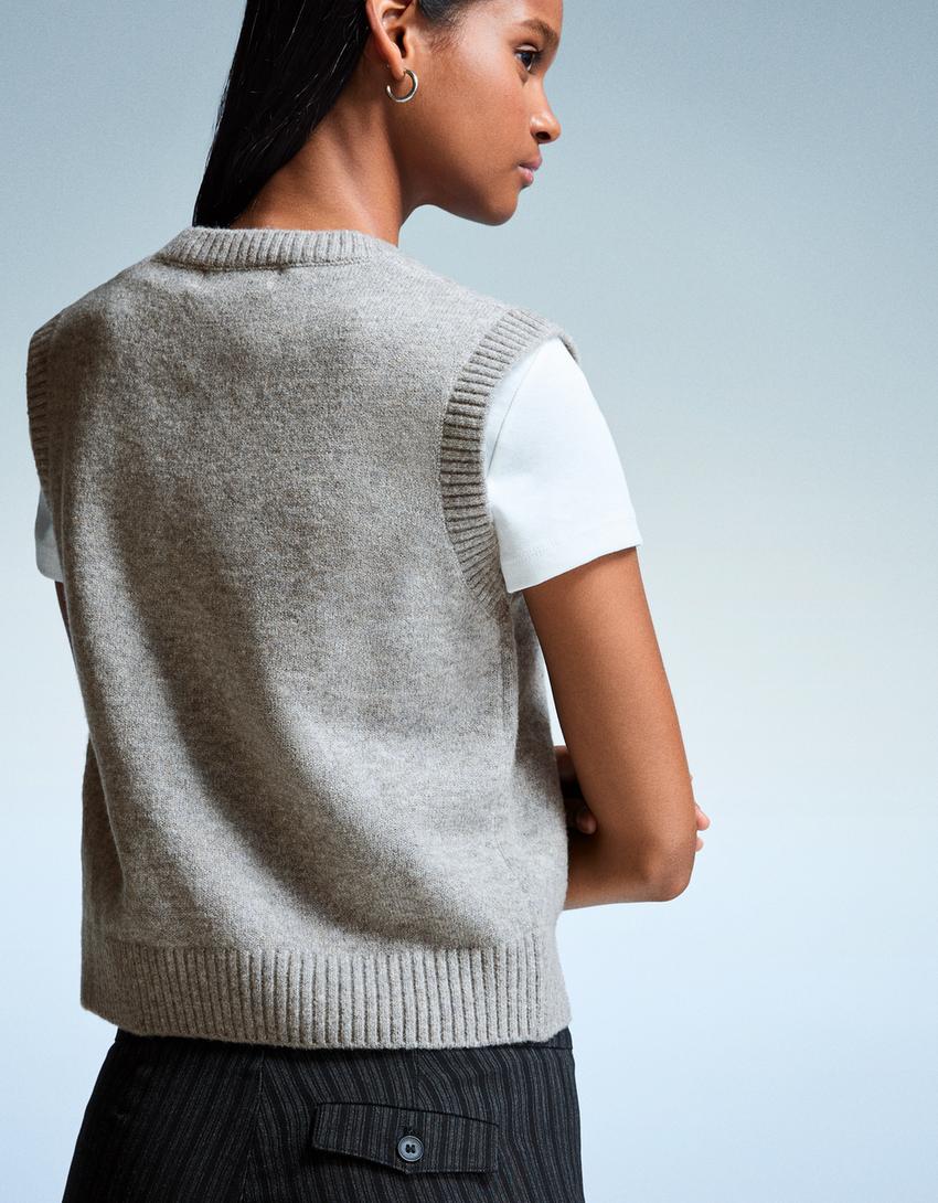 Gilet col en V toucher doux-Gris-2