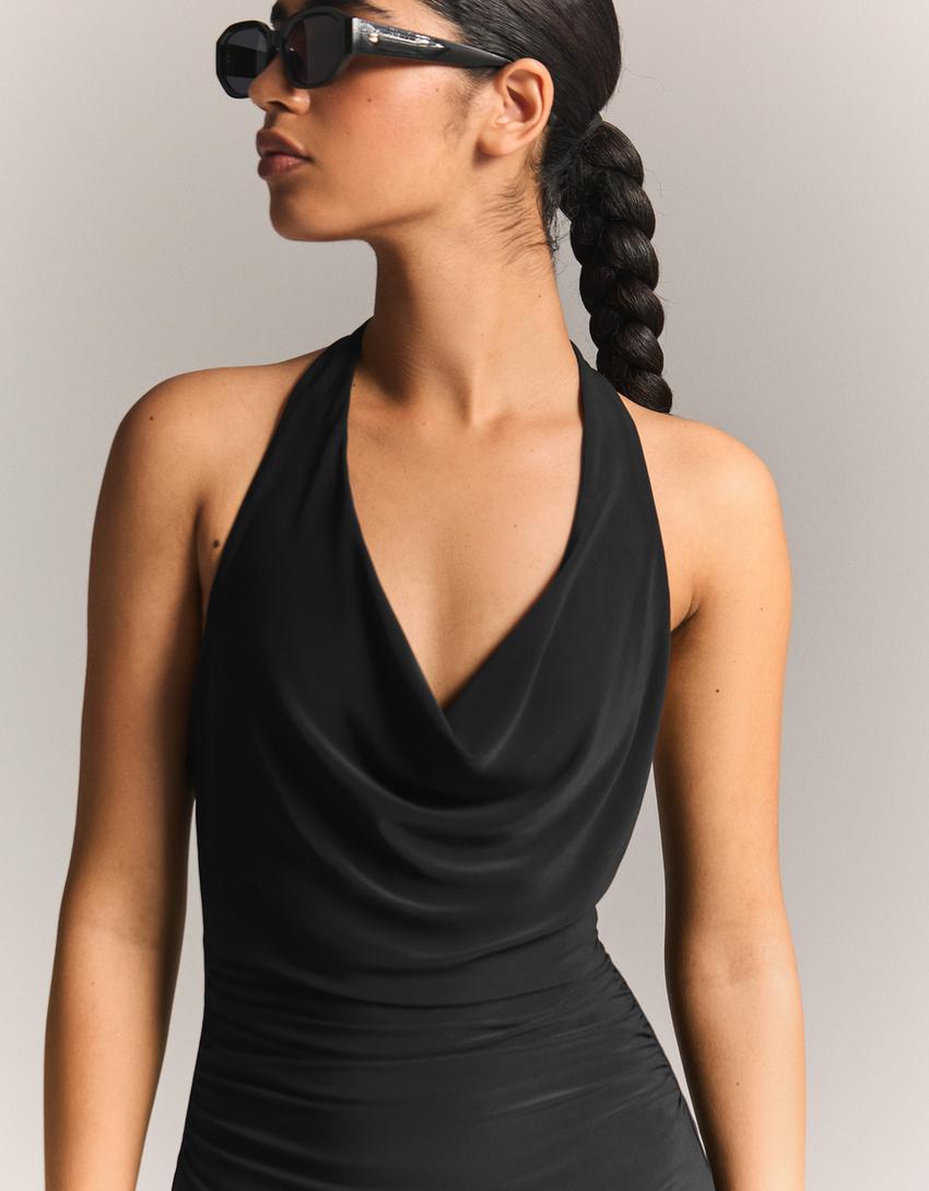 Robe midi encolure américaine-Noir