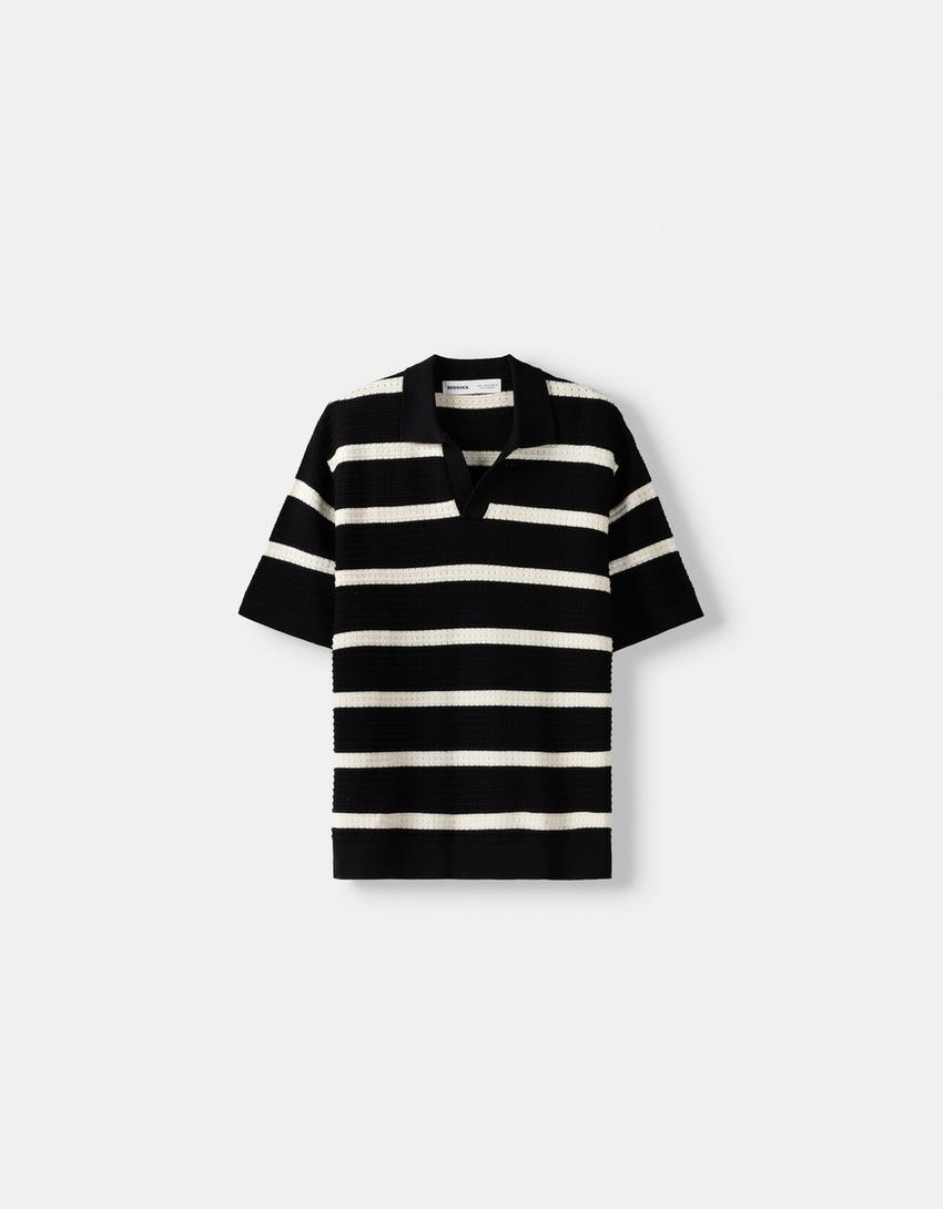 Textured striped short sleeve polo shirt-Black-4