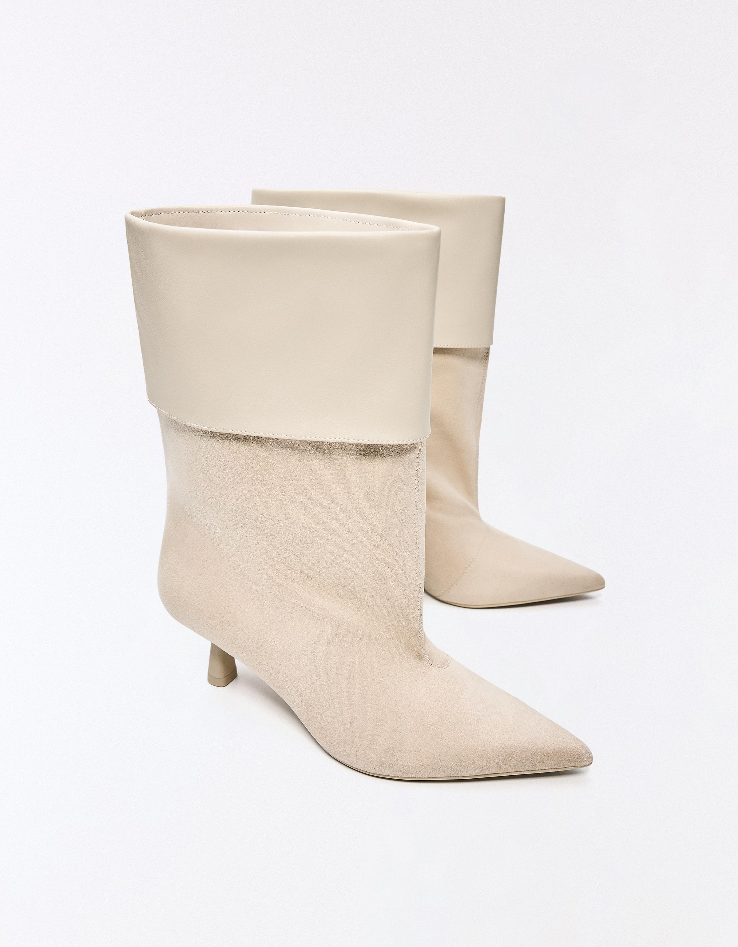 HEELED ANKLE BOOTS WITH TURN-UP DETAIL — ECRU