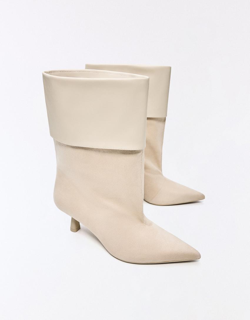HEELED ANKLE BOOTS WITH TURN-UP DETAIL-ECRU