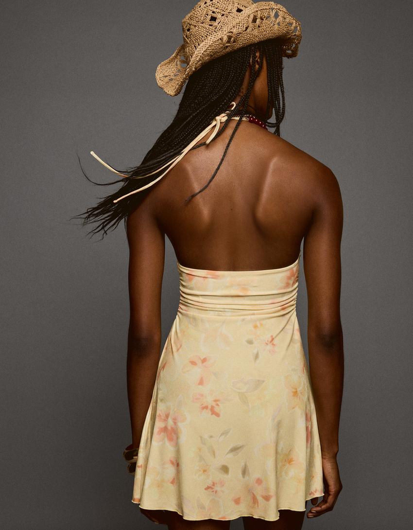 Robe midi encolure américaine imprimée-Jaune-1