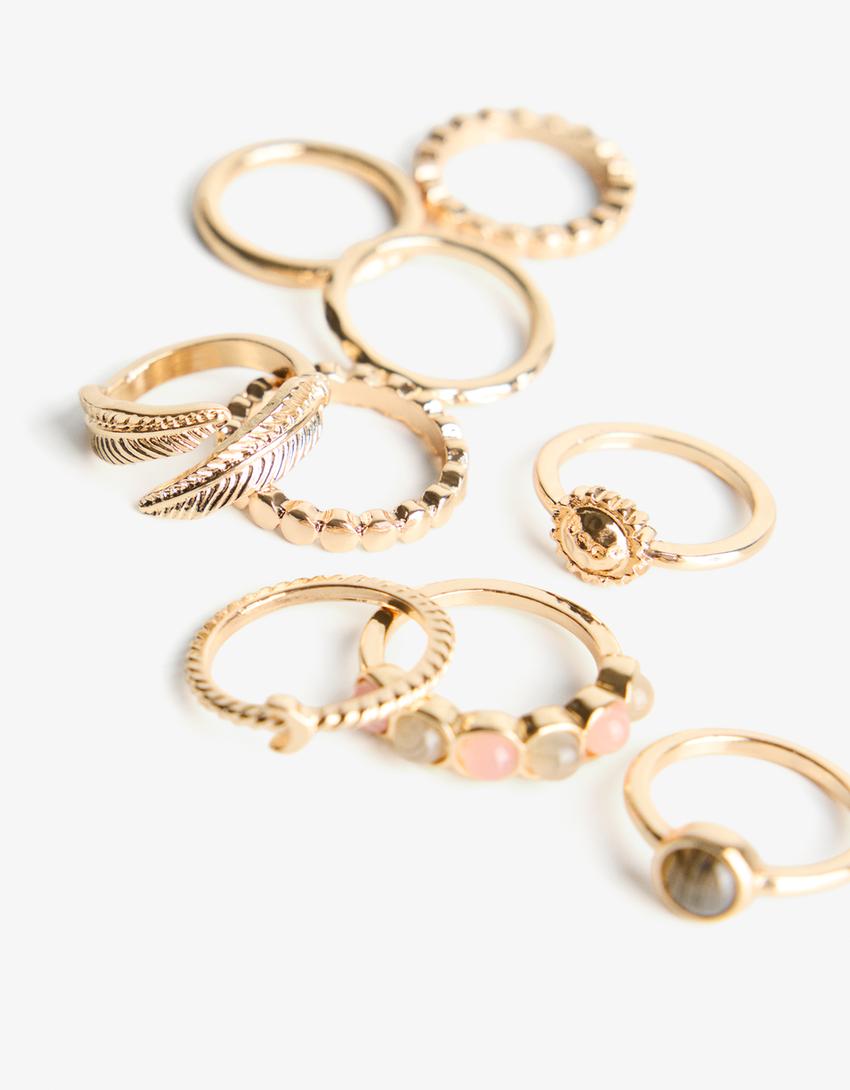 Pack of 9 rhinestone rings-Gold