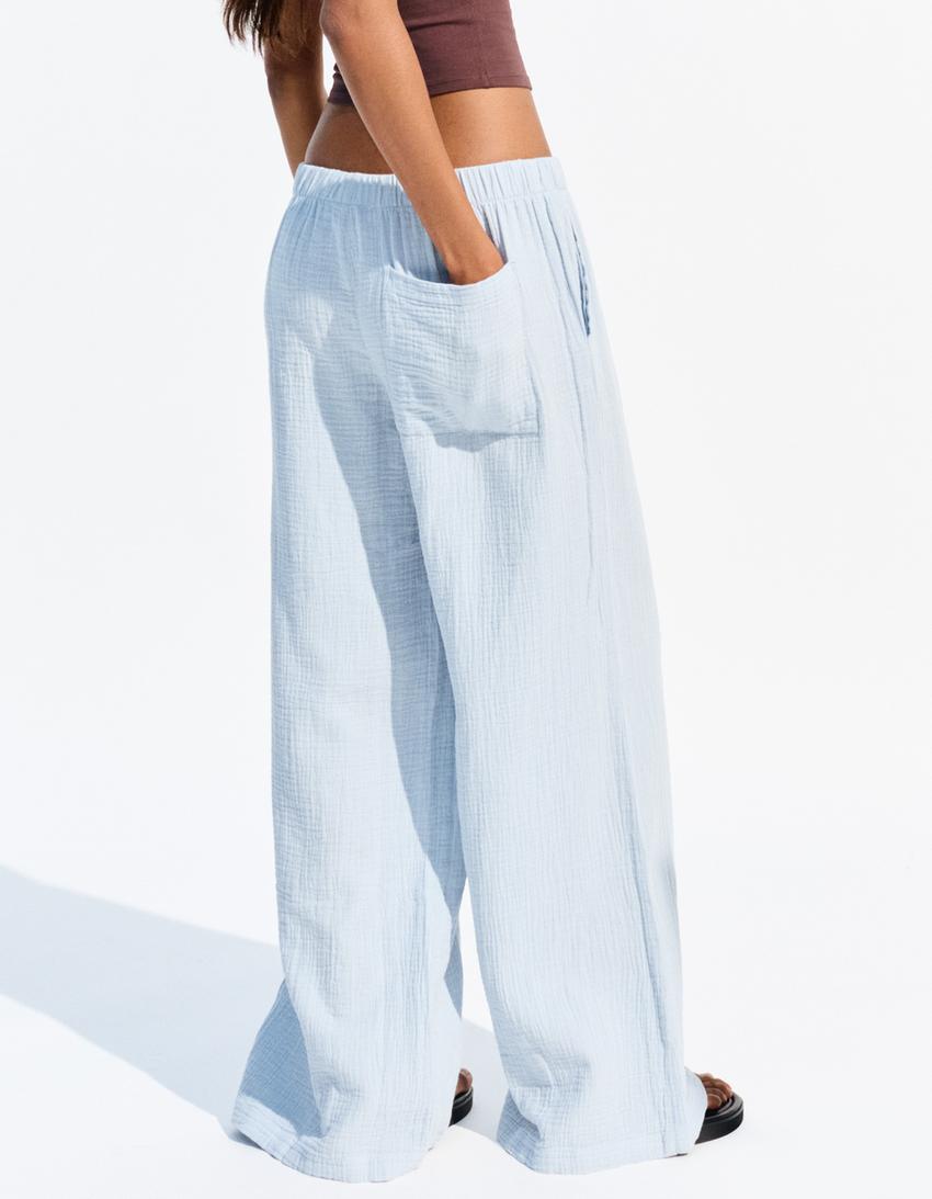 Pantalon wide leg rustique double cloth-Bleu clair