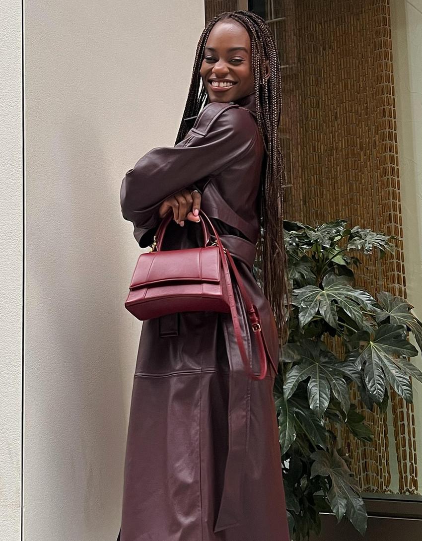 Faux leather trench coat-Maroon