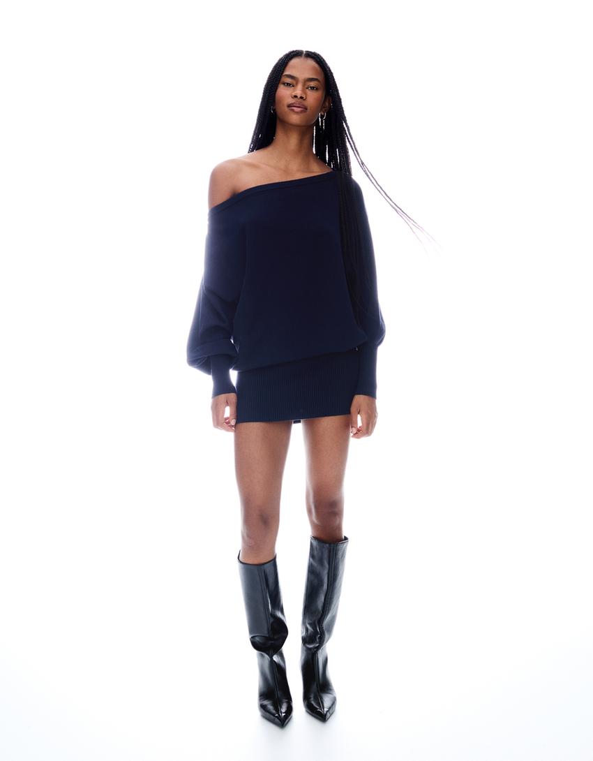 Vestido mini asimétrico bajo rib-Azul-3