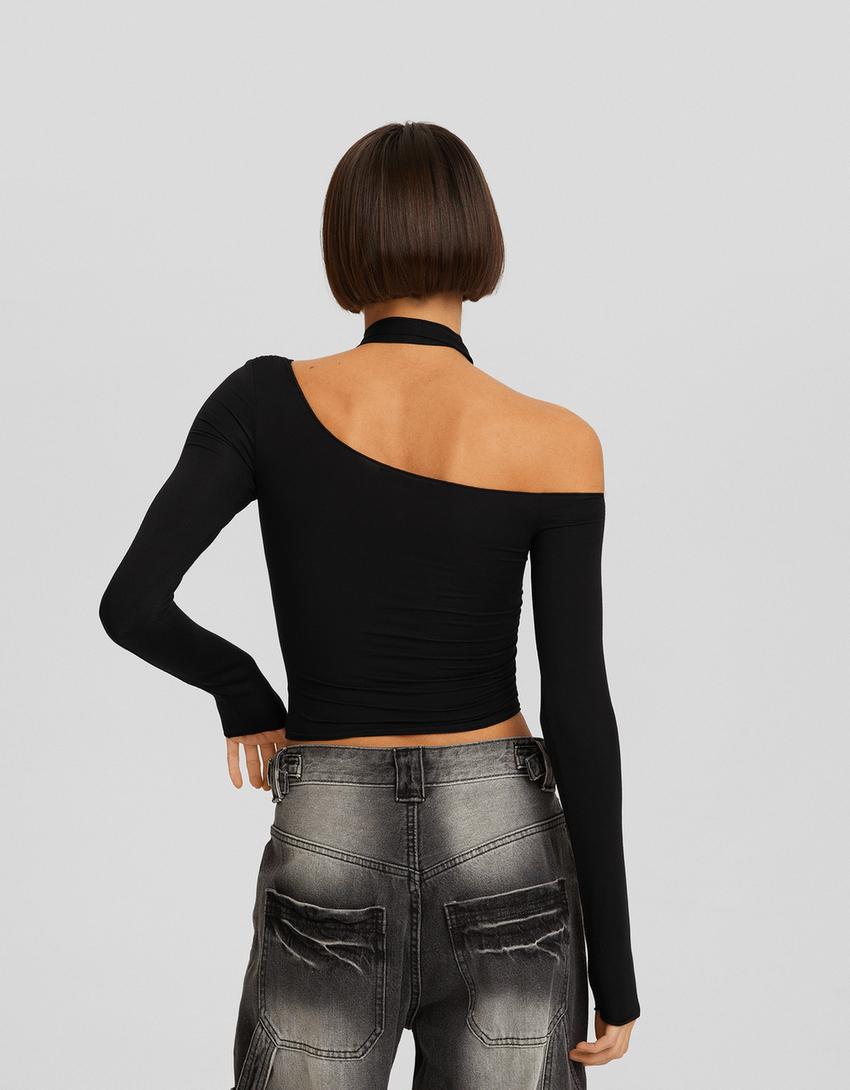 تيشرت وشاح غير متماثل بأكمام طويلة-أسود-1