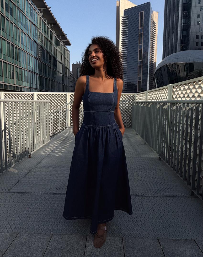 white christmas dresses Dark Indigo Denim Mara Strappy Midi Dress ✿ Organic Cotton main image 1