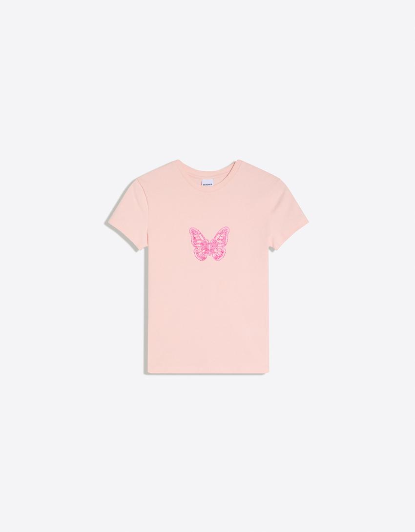 Kısa kollu baskılı ve boncuklu tişört-Pembe