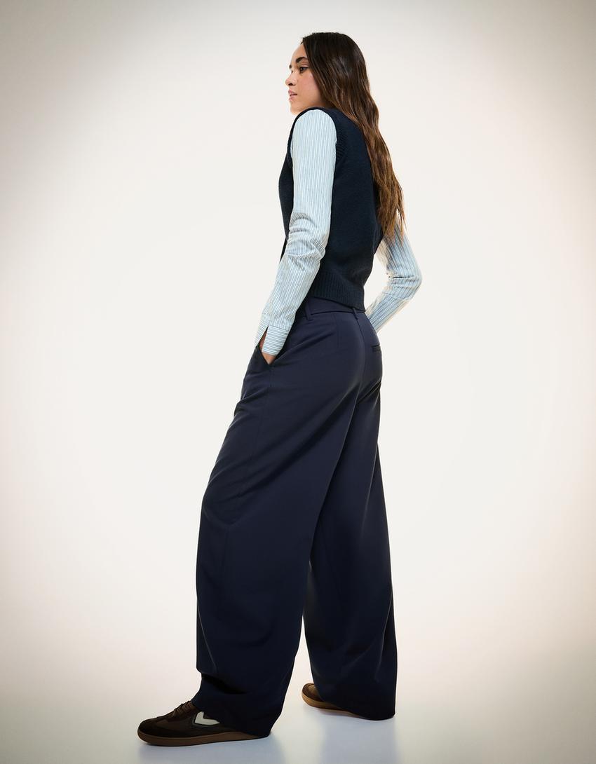 Tailored fit trousers with crossover waist-Navy-1