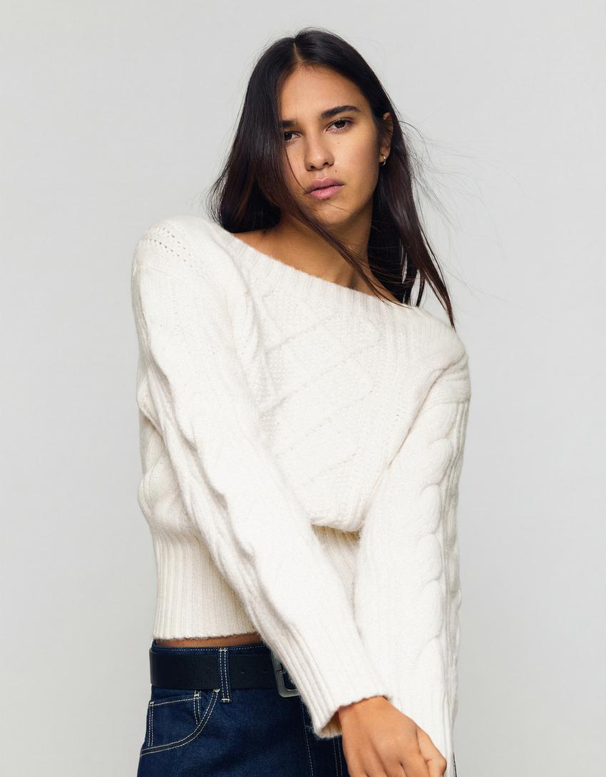 Kabeltrui met boothals-Ecru