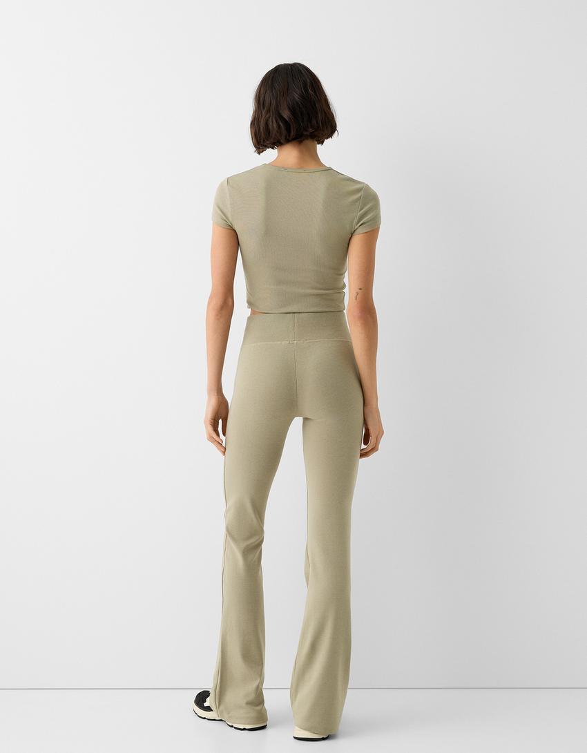 Ribbed waist flared trousers-Khaki-2