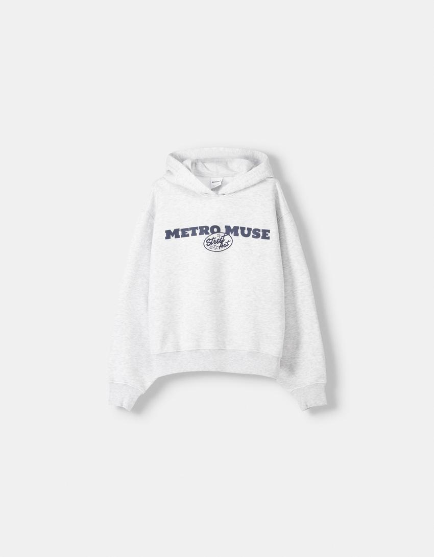 Desenli kapüşonlu sweatshirt-Gri-5