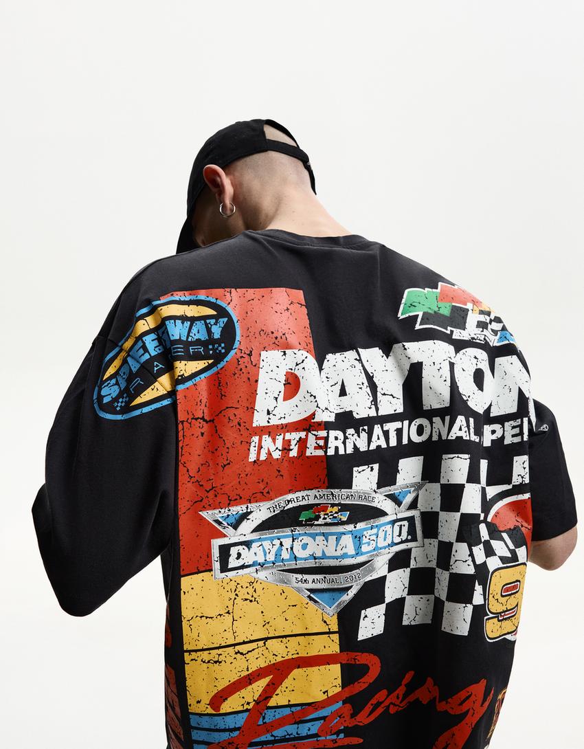 Maglietta Nascar a maniche corte con stampa-Grigio-3