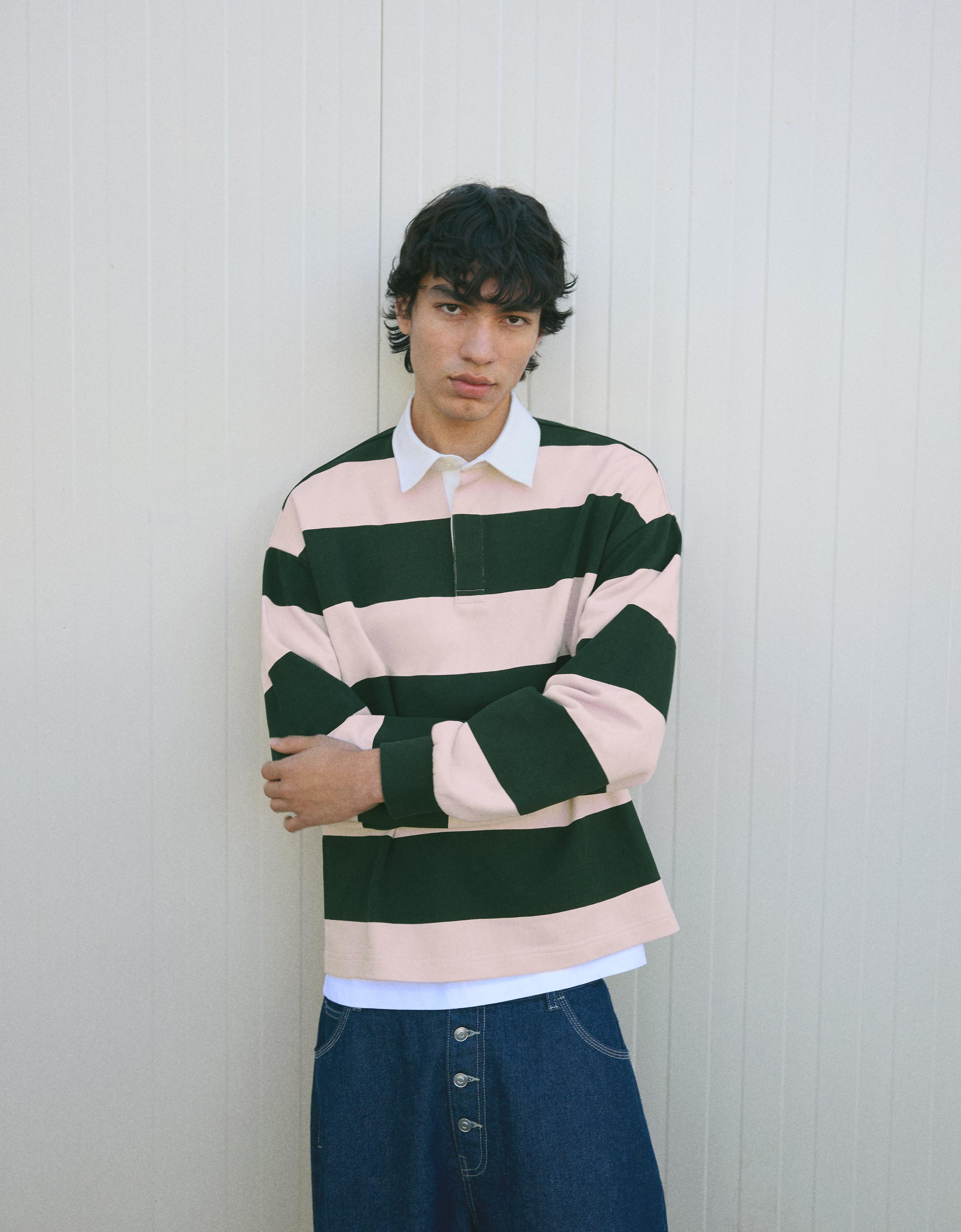Bershka Polo-Sweatshirt Mit Streifen Herren M Rosa