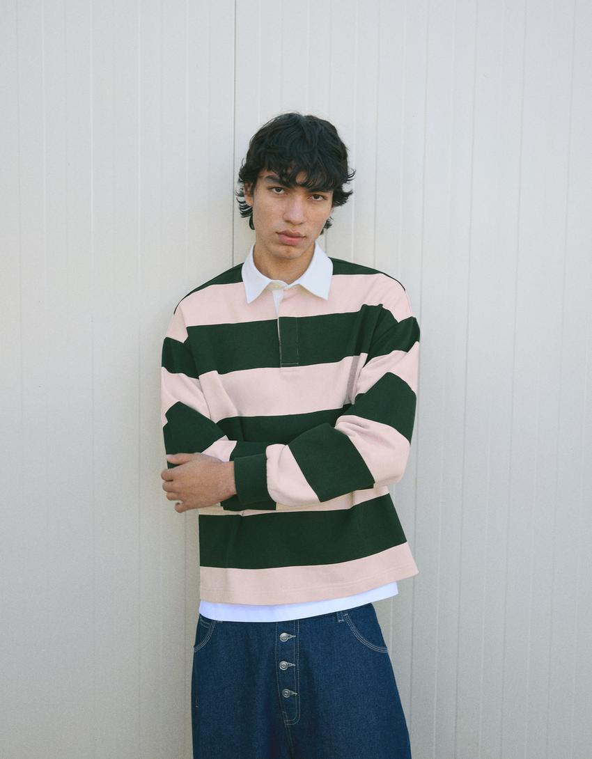 Striped plush polo shirt-Pink