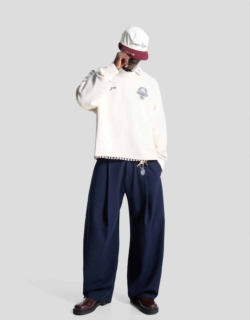 Tailored barrel trousers with darts-Navy