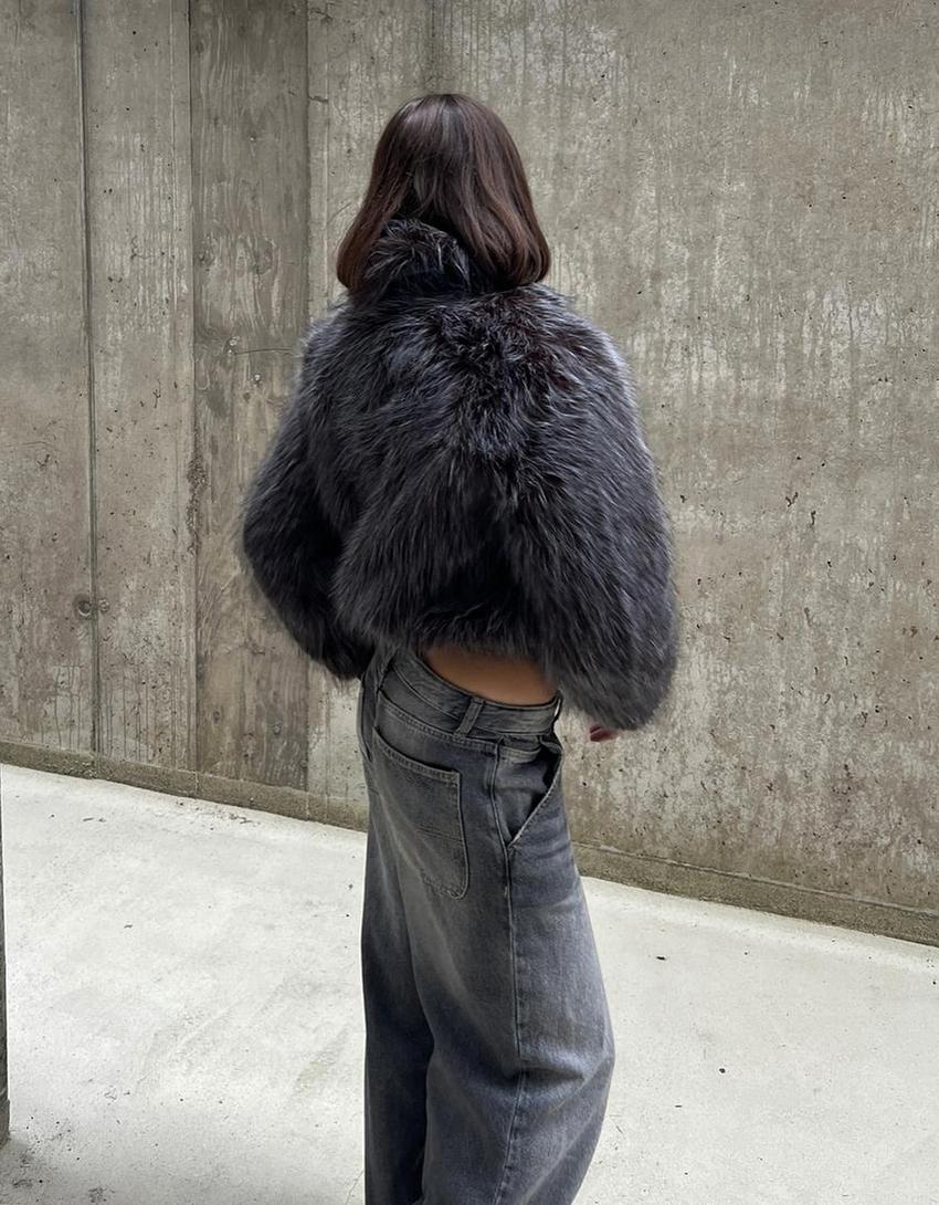 Zip-up faux fur jacket-Grey