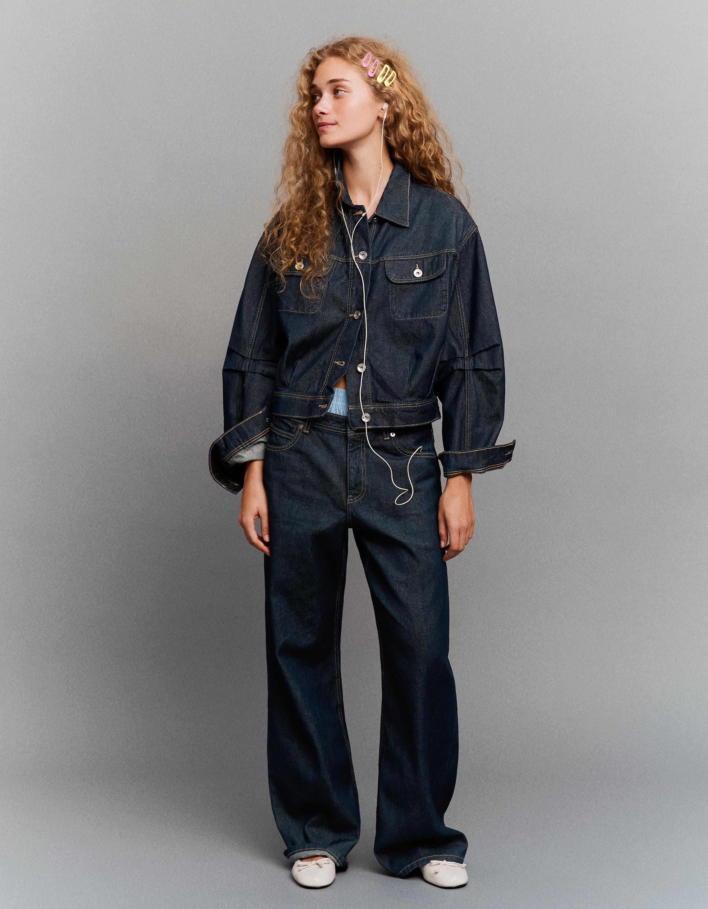 Cropped balloon denim jacket — Navy