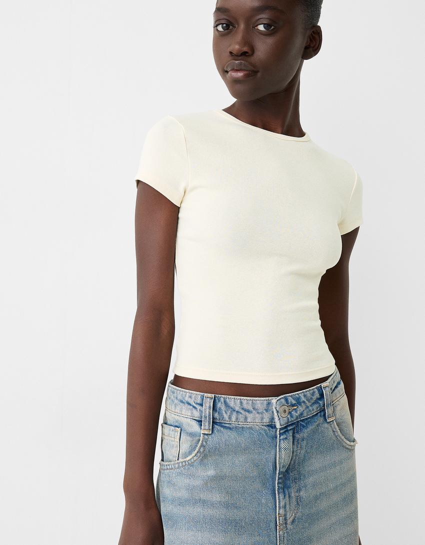 T-shirt de manga curta decote redondo-Bege-2