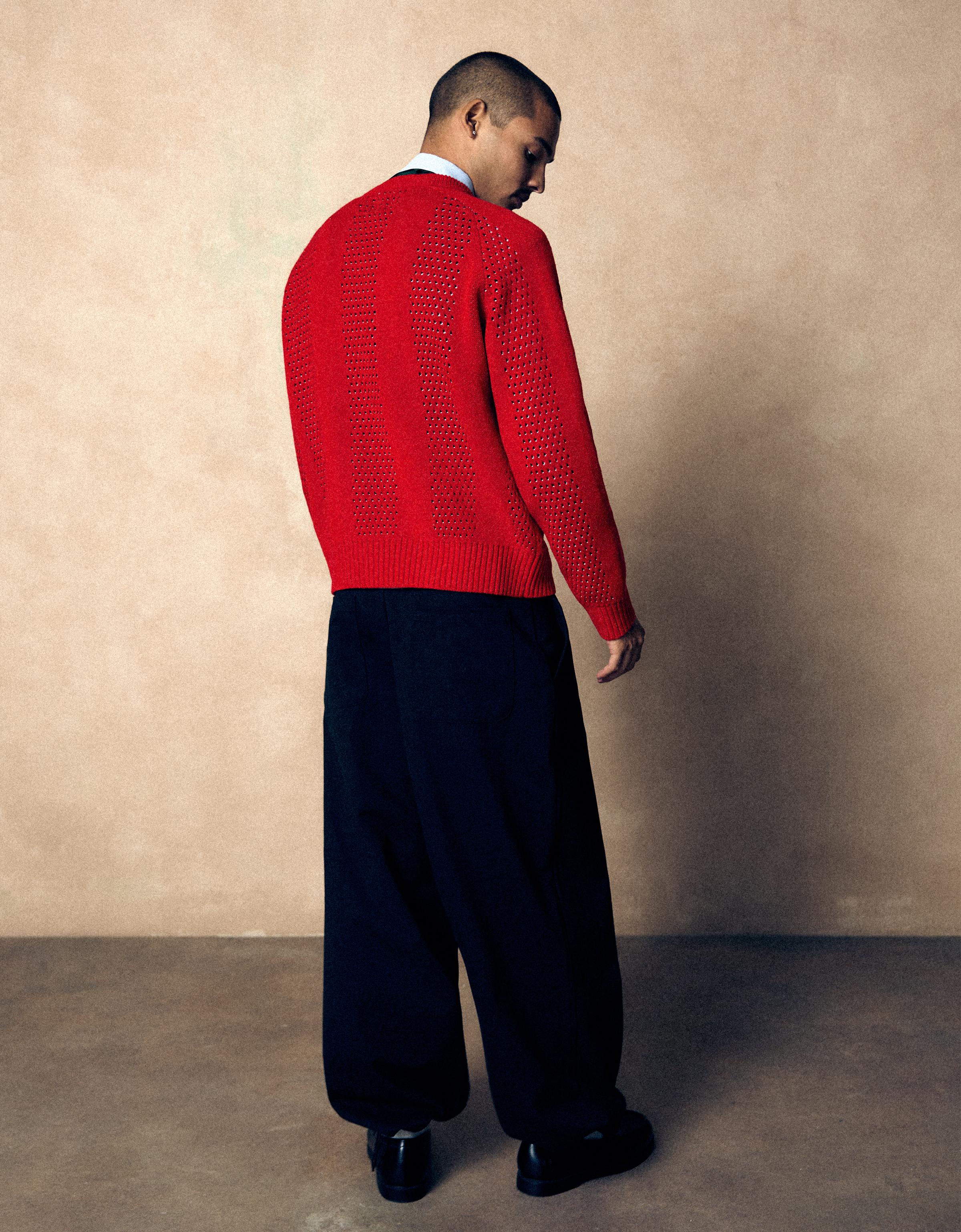 Mesh patch round neck jumper — Red