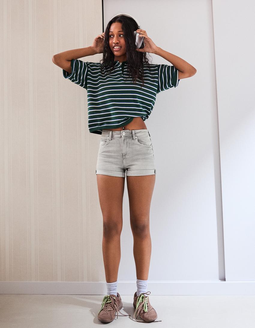 Denim roll-up shorts-Grey