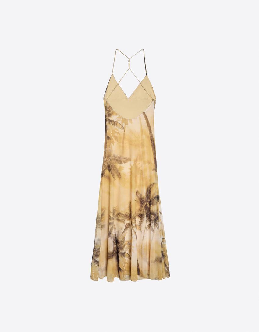 Halterneck tulle midi dress-Yellow