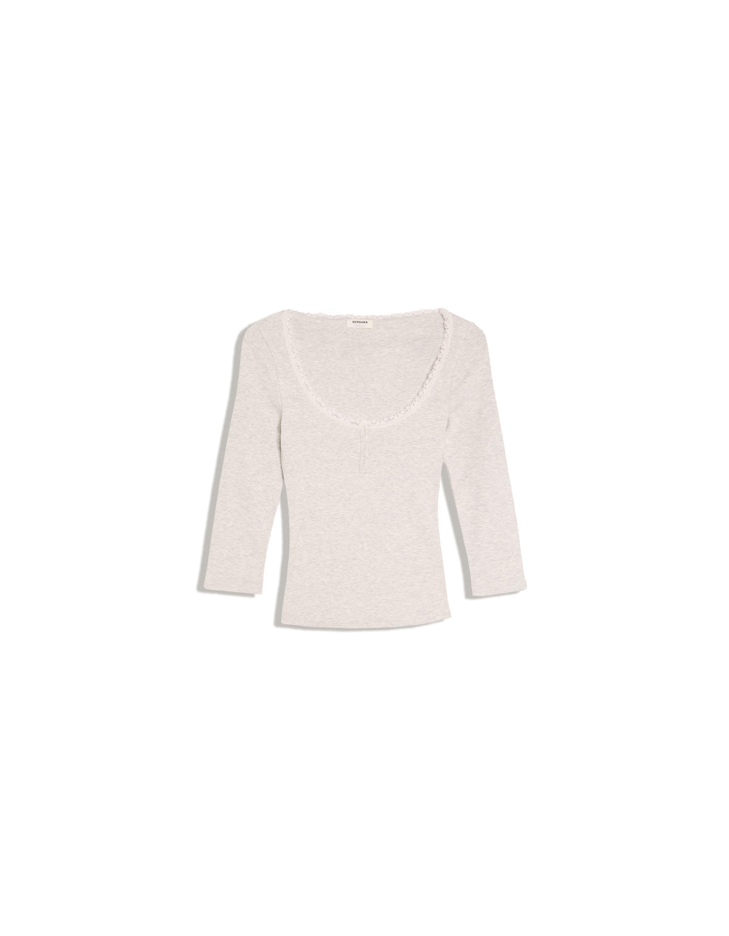 Lace V-neck long sleeve T-shirt — Grey