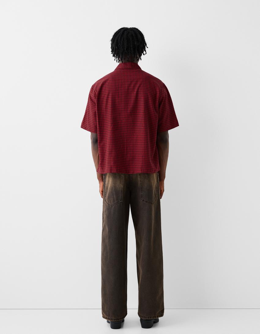 Check shirt with 3/4 length sleeves-Red-1