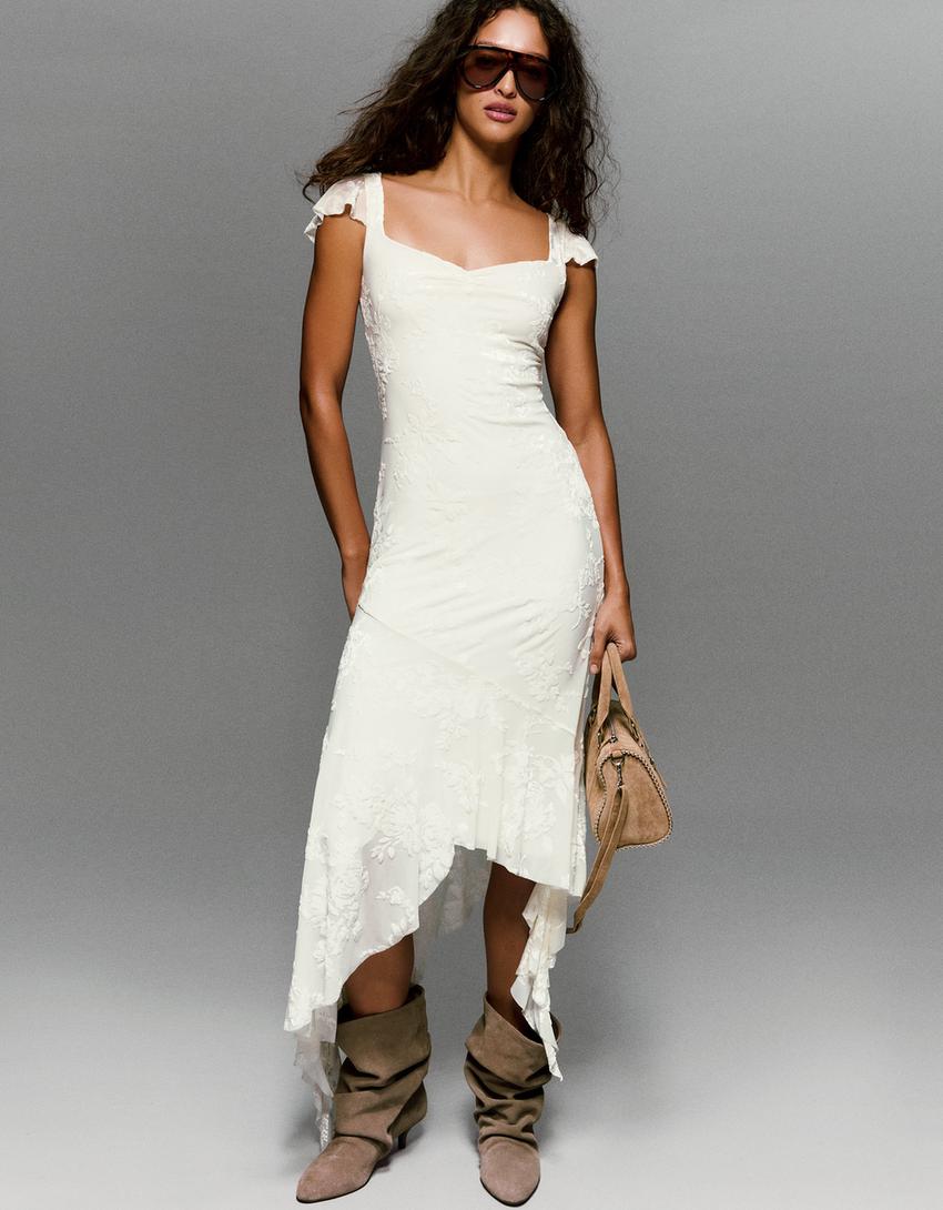 Robe midi asymétrique en velours-Écru