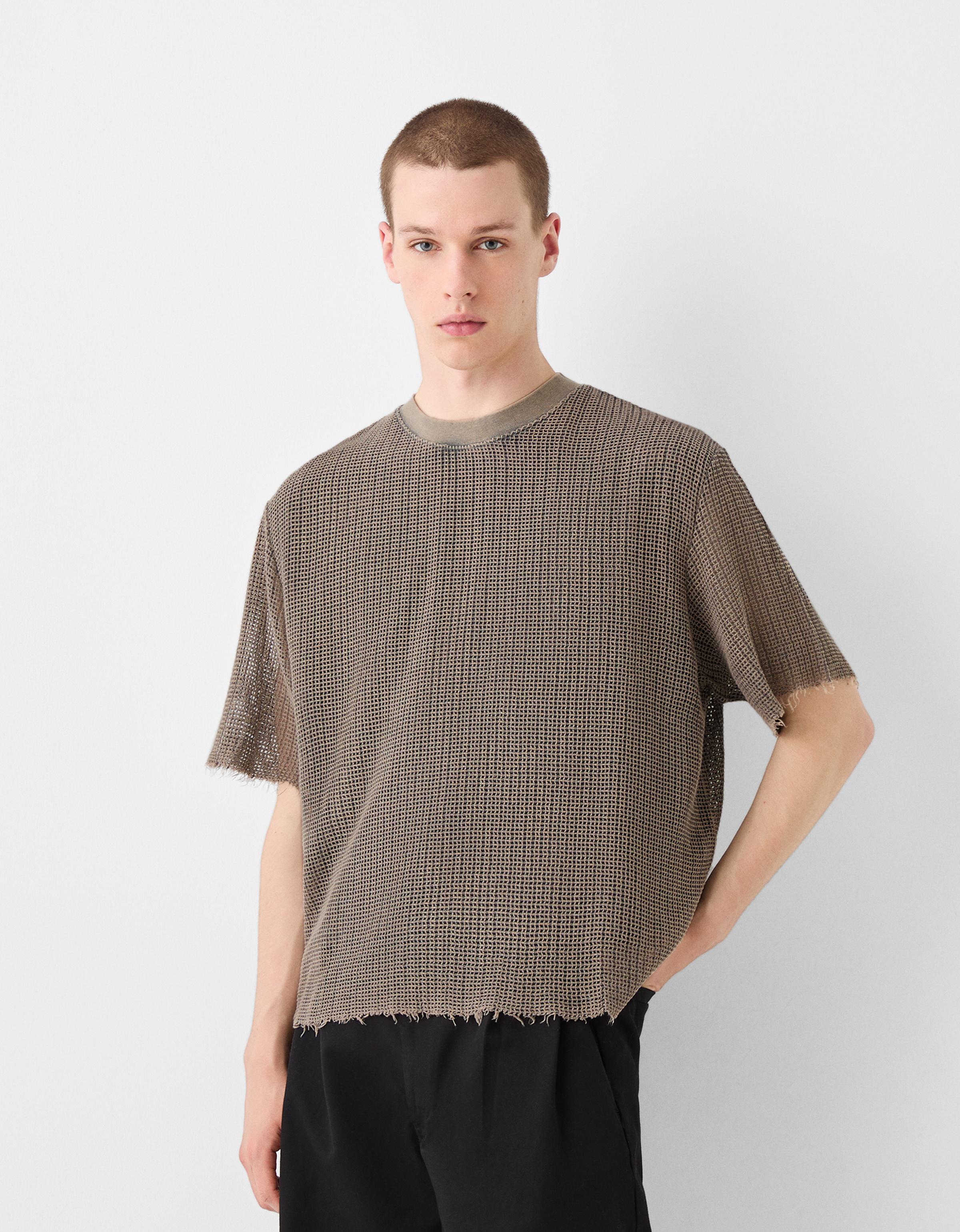 Bershka T-Shirt Aus Mesh Im Washed-Look Herren S Dunkelgrau