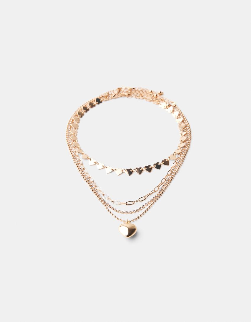 طقم من 3 قلادات قلب بأحجار الراين-ذهبي-4