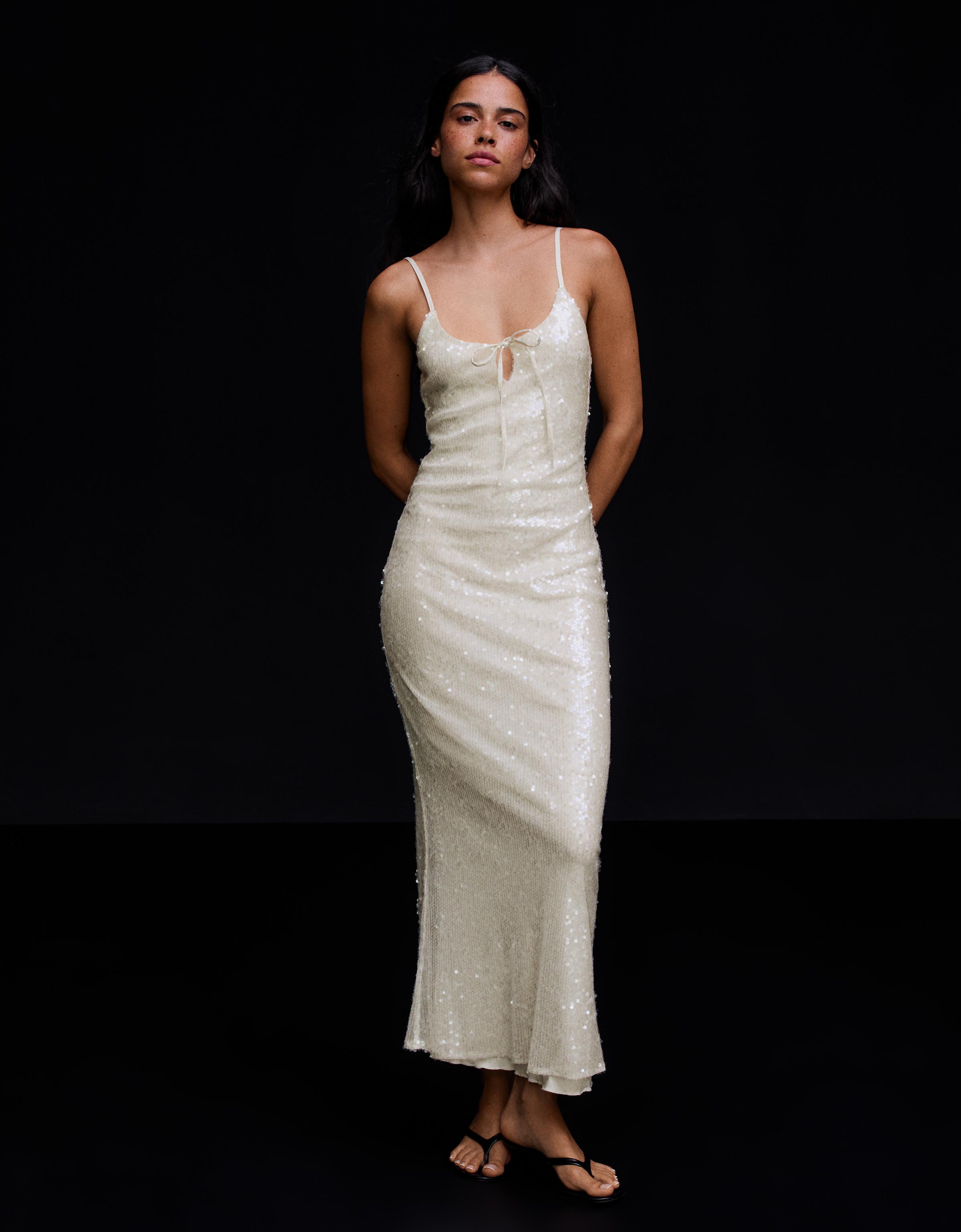 Sequin midi dress with straps — Cream