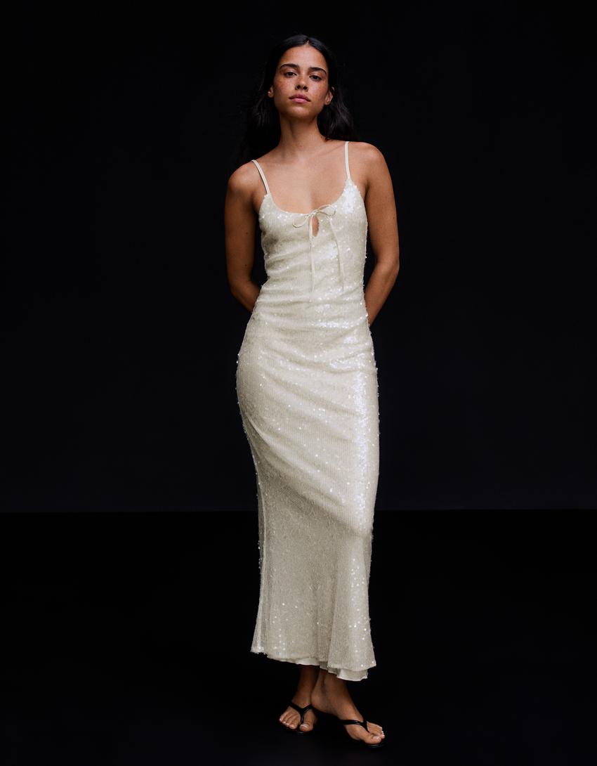 Strappy sequin midi dress-Cream