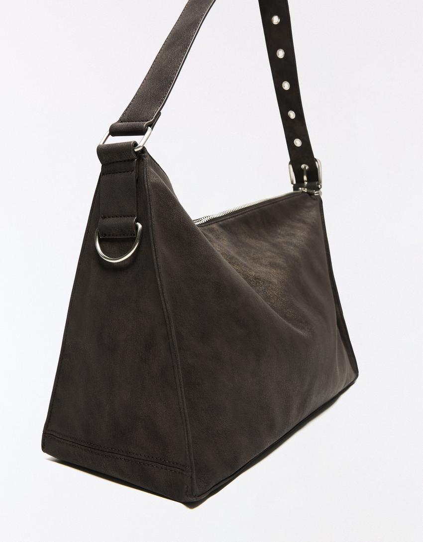 Faux suede bag with zips-Brown
