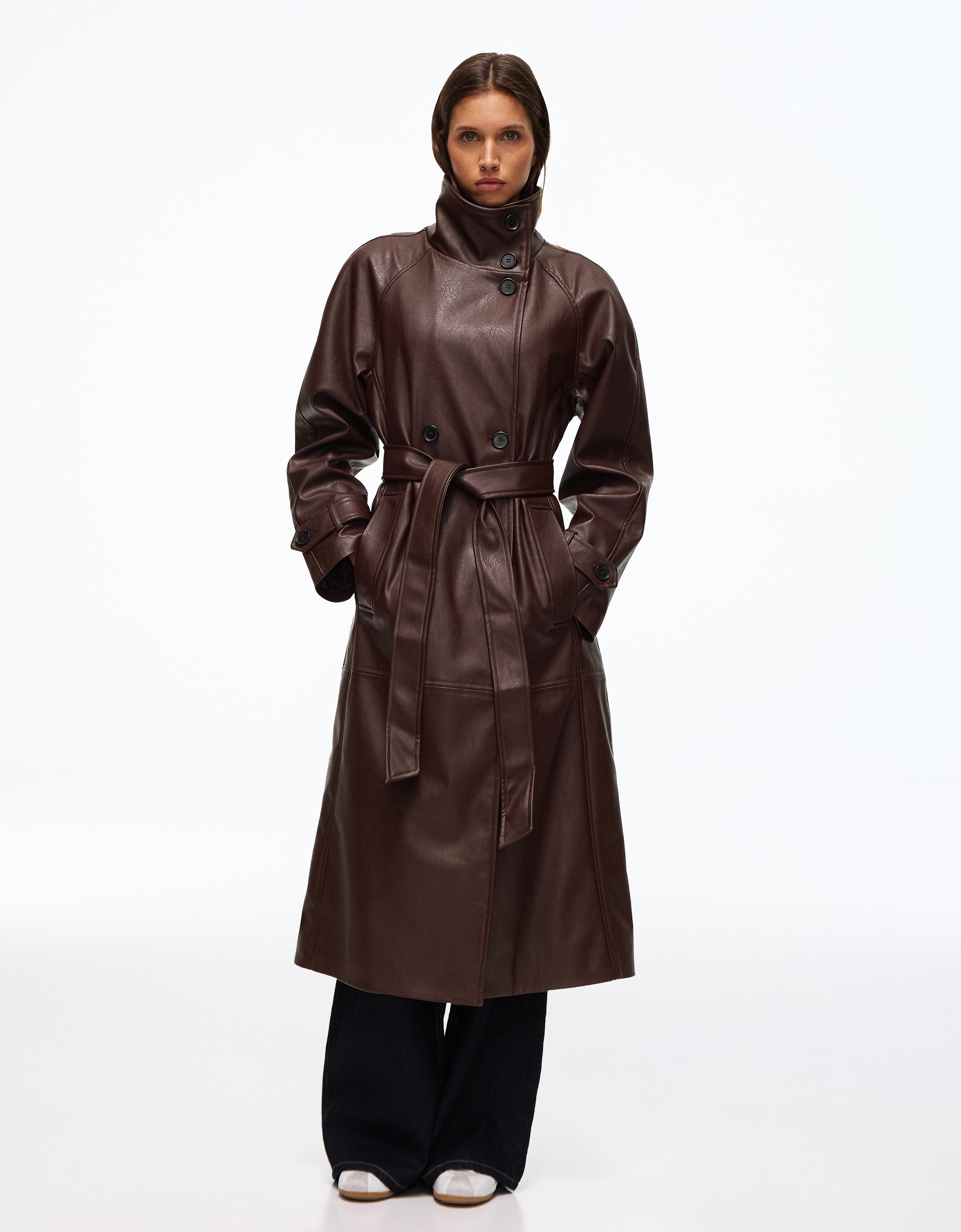 Long leather effect belt trench coat with funnel neck — Burgundy