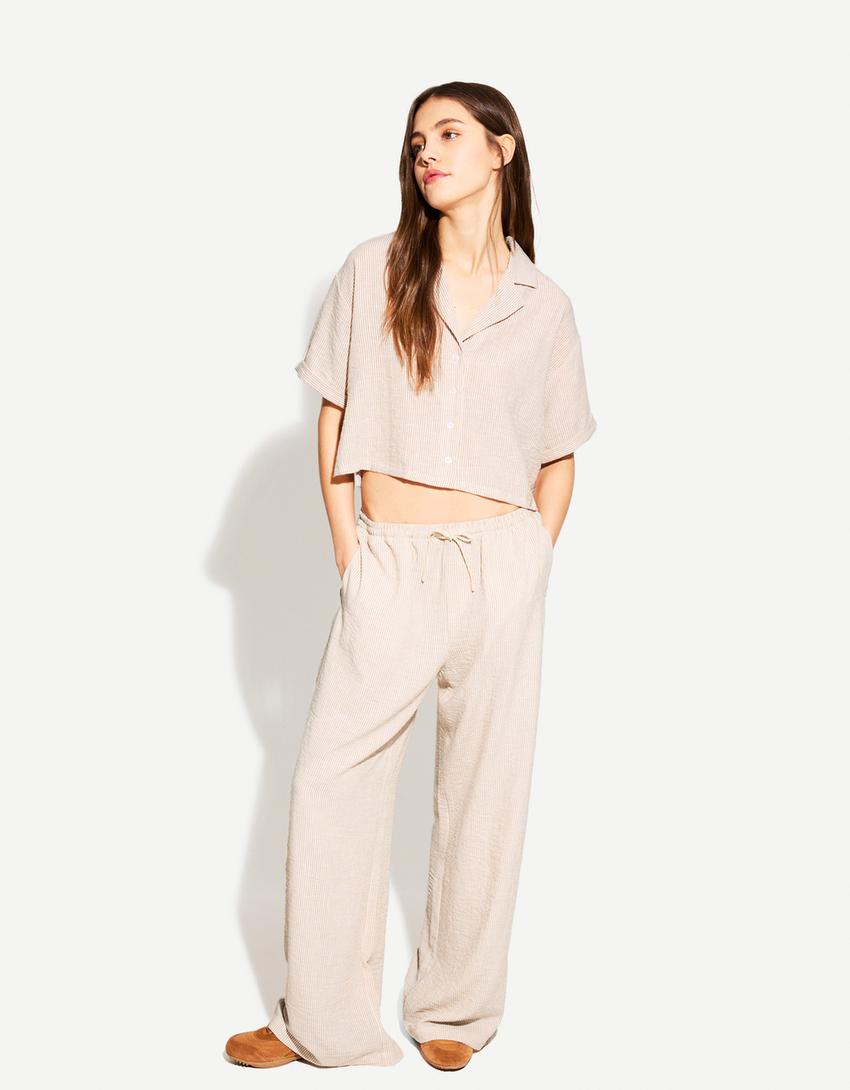 Textured rustic short sleeve shirt-Camel-3