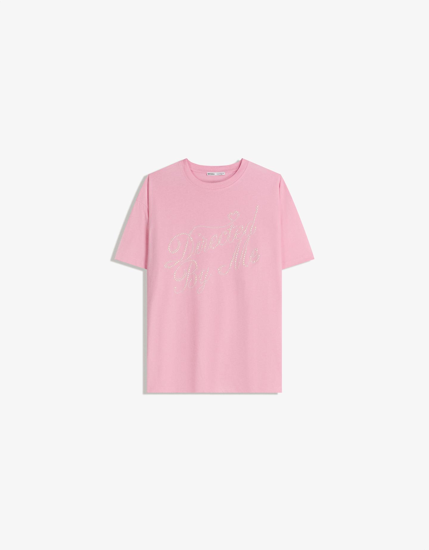Bershka Camiseta Manga Corta Oversize Print Mujer Xs Rosa