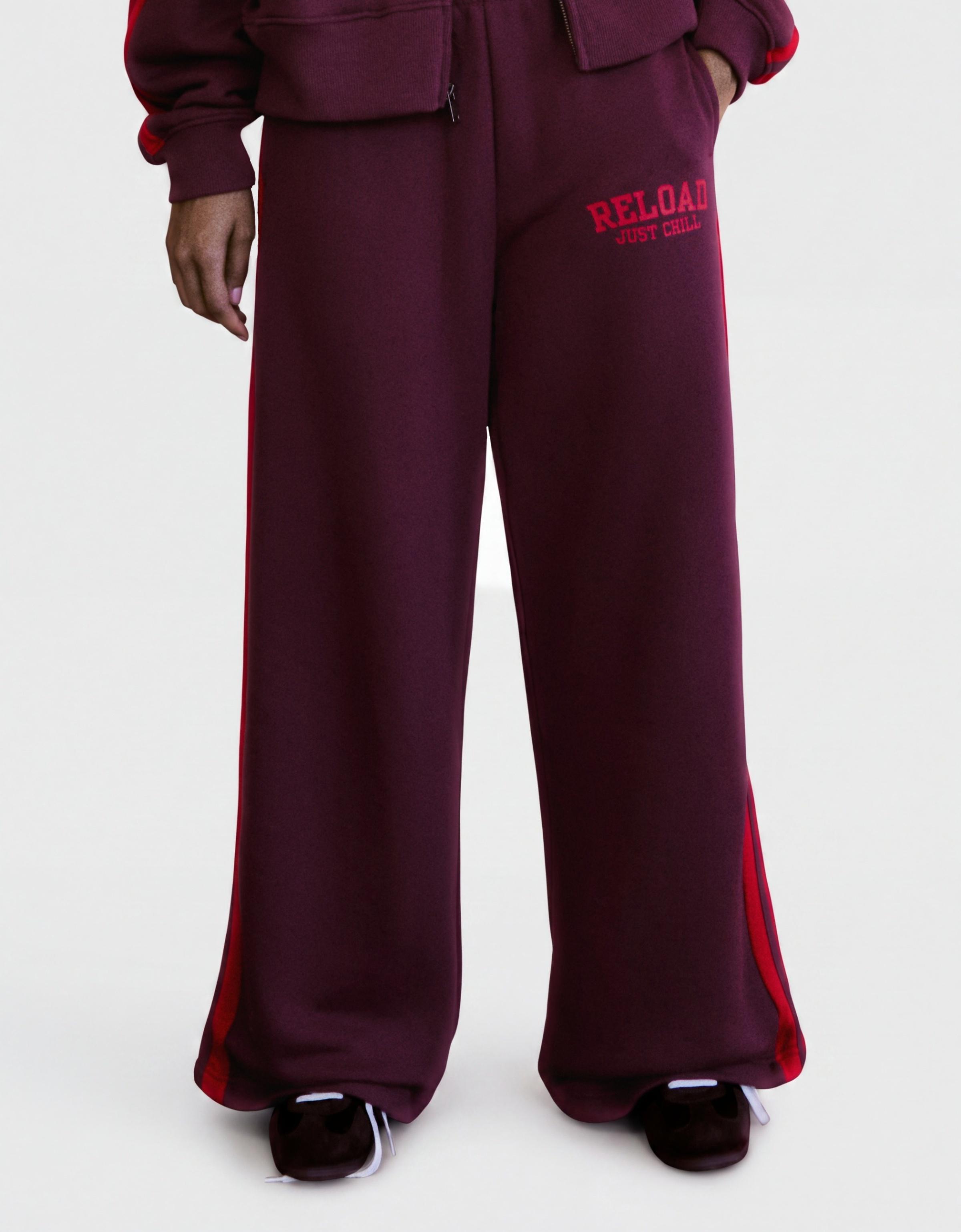 Wide-leg embroidered plush trousers — Burgundy