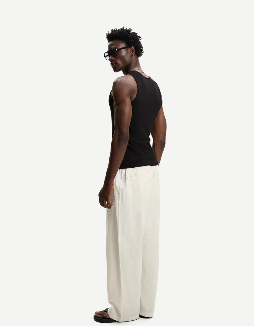 Super baggy striped fabric trousers-Cream