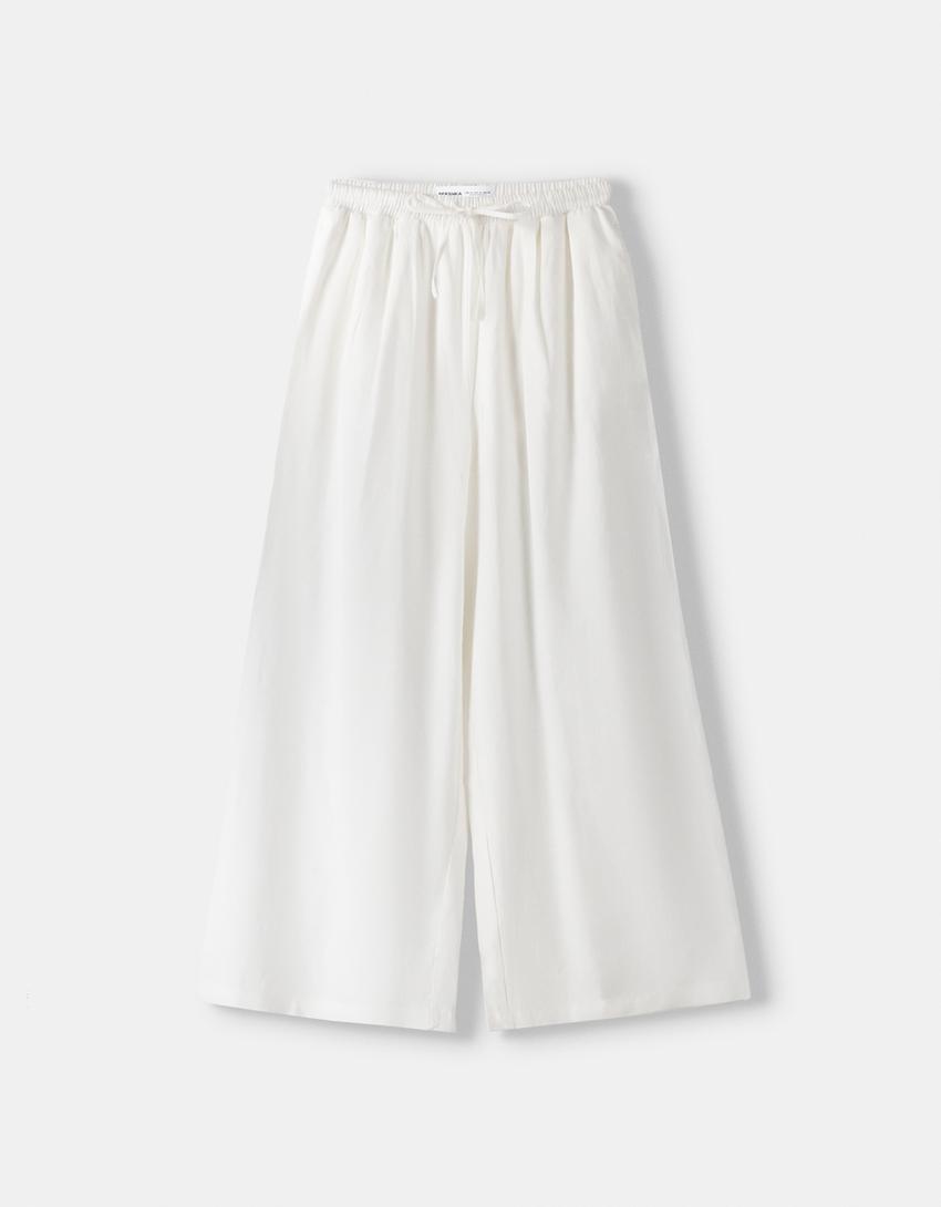 Culottes with linen and an elastic waist-Off white-4