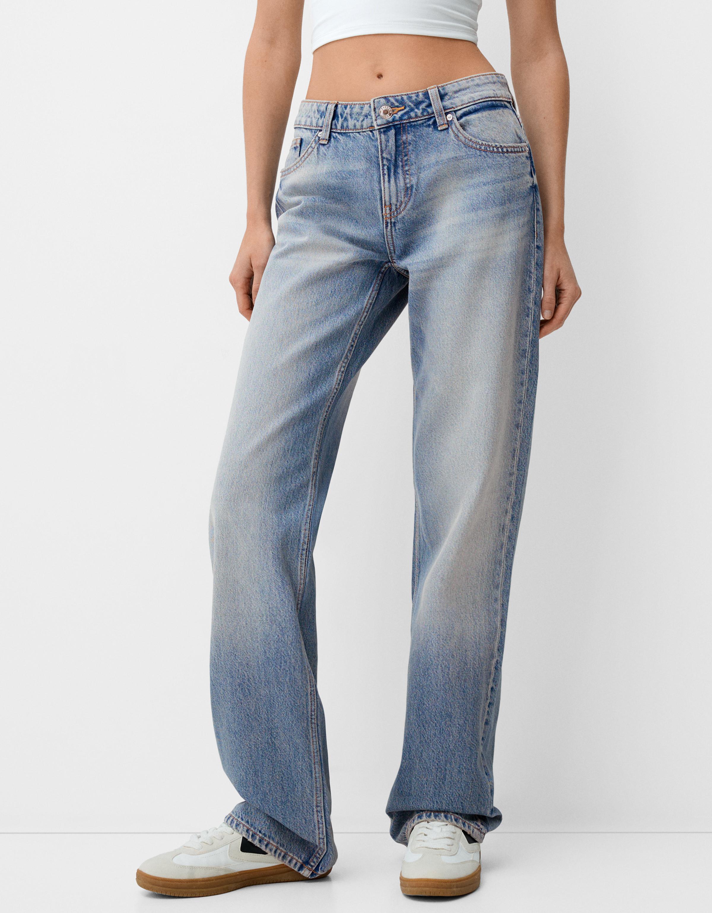 Bershka Jeans Im Straight-Fit Mit Tiefem Bund Damen 38 Ausgewaschenes Blau