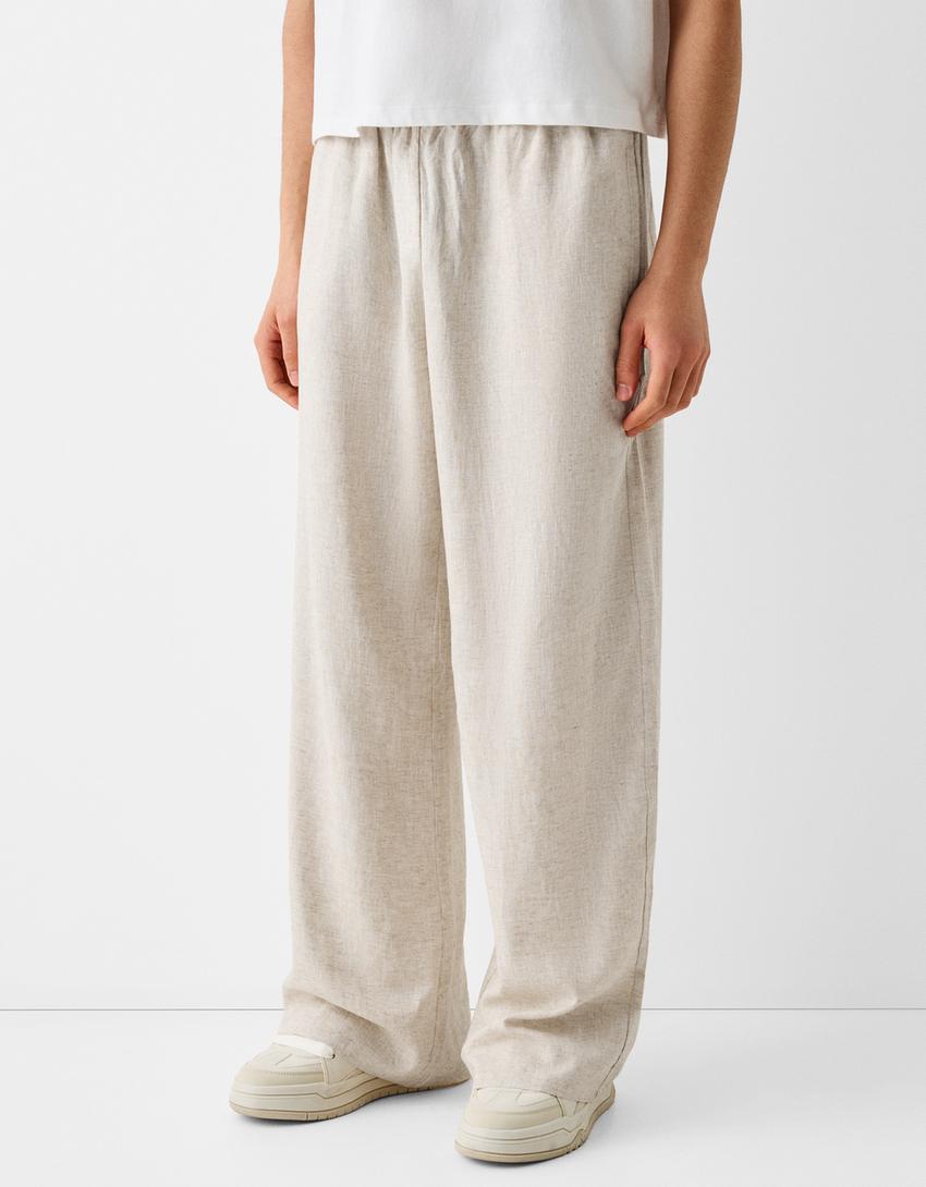 Calças direitas com linho cintura elástica-Cru-2